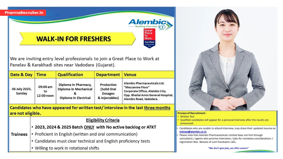 Alembic Pharmaceuticals Walk-In Interview for Freshers on 6th July