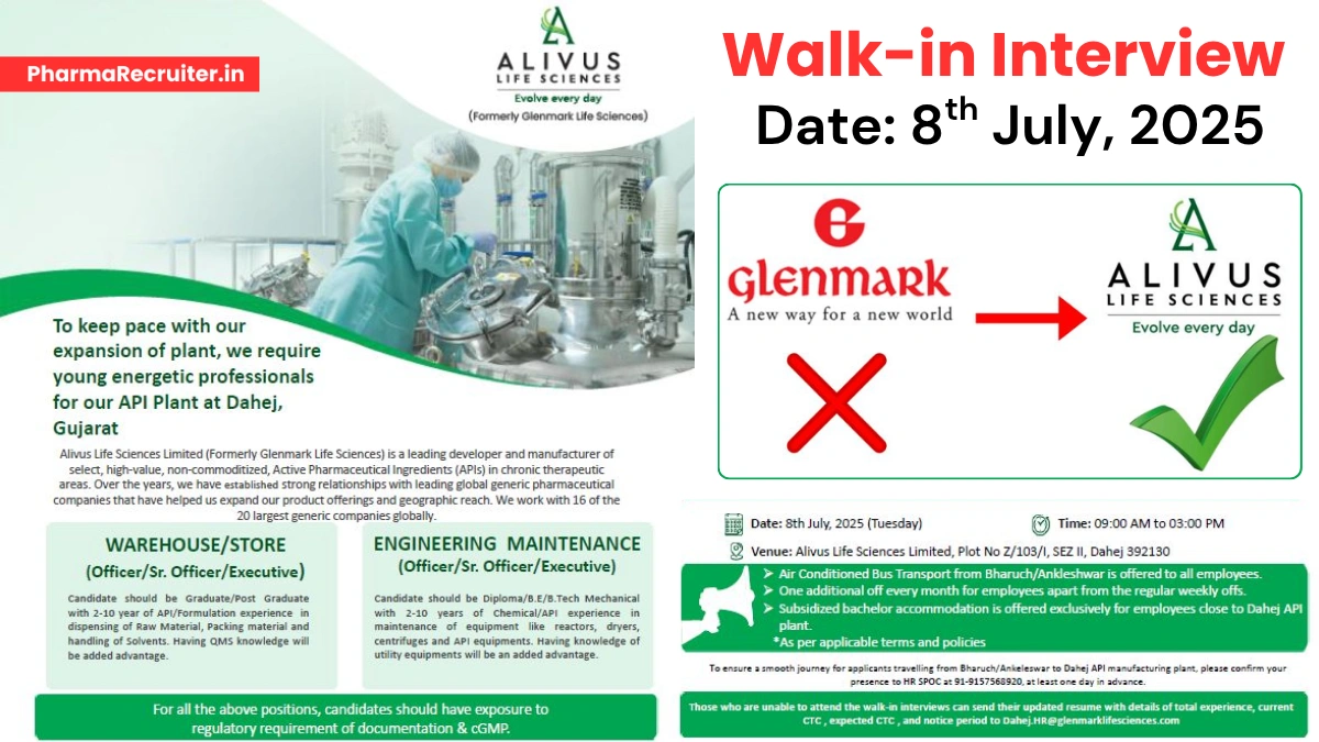 Alivus Life Sciences Walk-In Interview for Warehouse, Store and Engineering Maintenance Roles – July 8, 2025