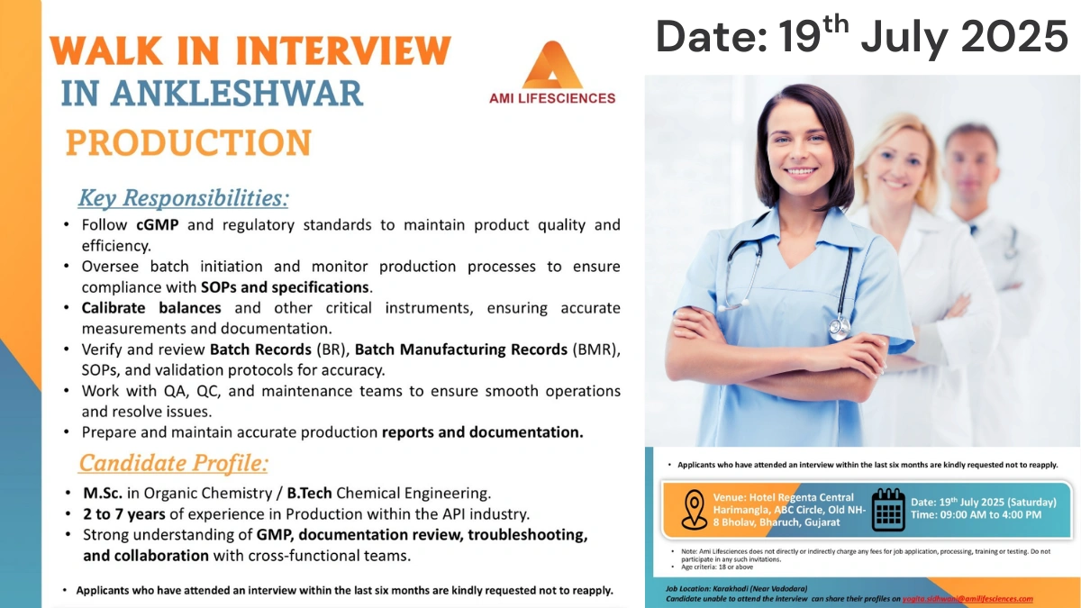 Ami Lifesciences Walk-in Interview for Production Department – (19th July 2025)