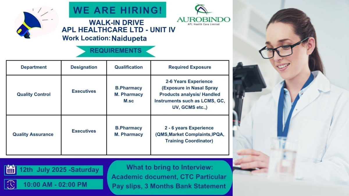 Aurobindo APL Healthcare Walk-In Drive for QA & QC Executives – 12th July 2025
