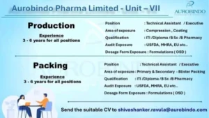 Aurobindo Pharma Limited - Job Openings in Production and Packing at Unit VII