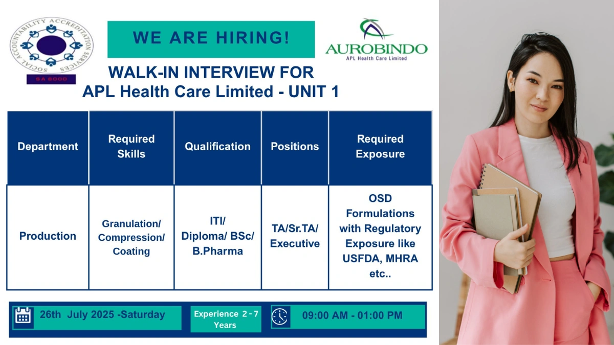 Aurobindo Pharma Walk-In Interview for Production Team on 26th July