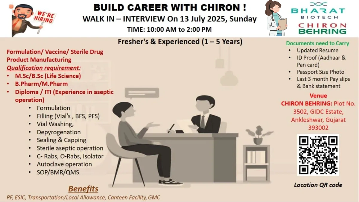 Bharat Biotech (Chiron Behring) Walk-In Interview for Exciting Roles in Vaccine Manufacturing on 13th July