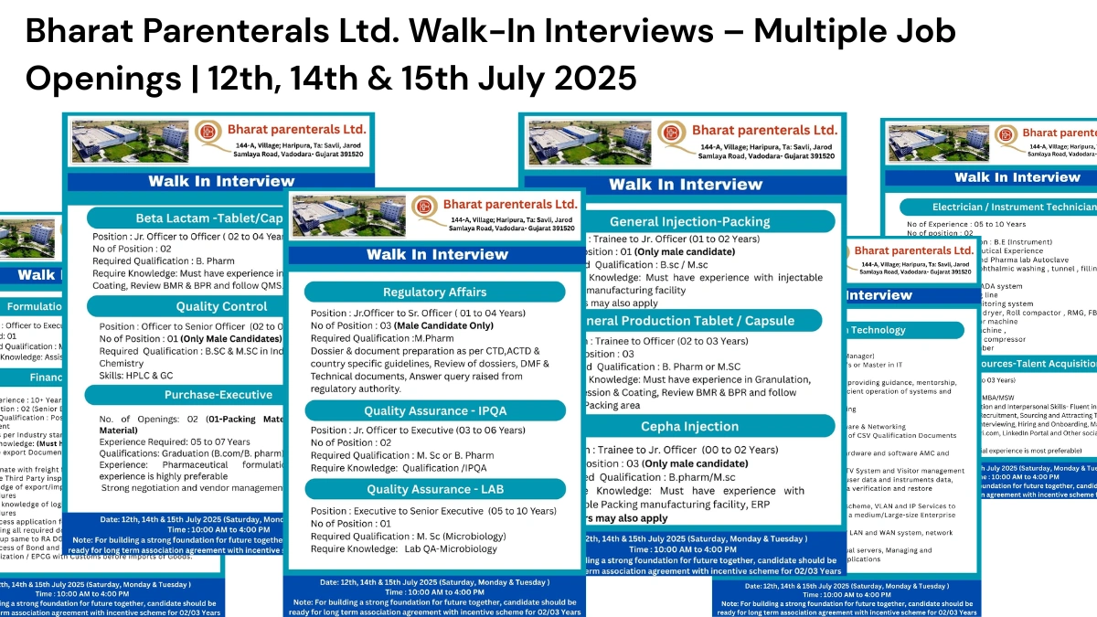 Bharat Parenterals Ltd. Walk-In Interviews – Multiple Job Openings