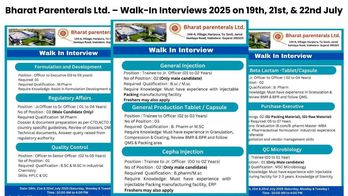 Bharat Parenterals Ltd. – Walk-In Interviews 2025 on 19th, 21st, & 22nd July