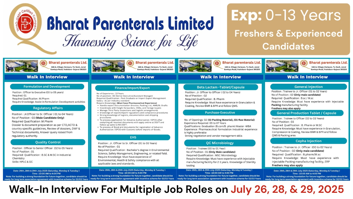 Bharat Parenterals Walk-In Interview For Multiple Job Roles on July 26, 28, & 29, 2025