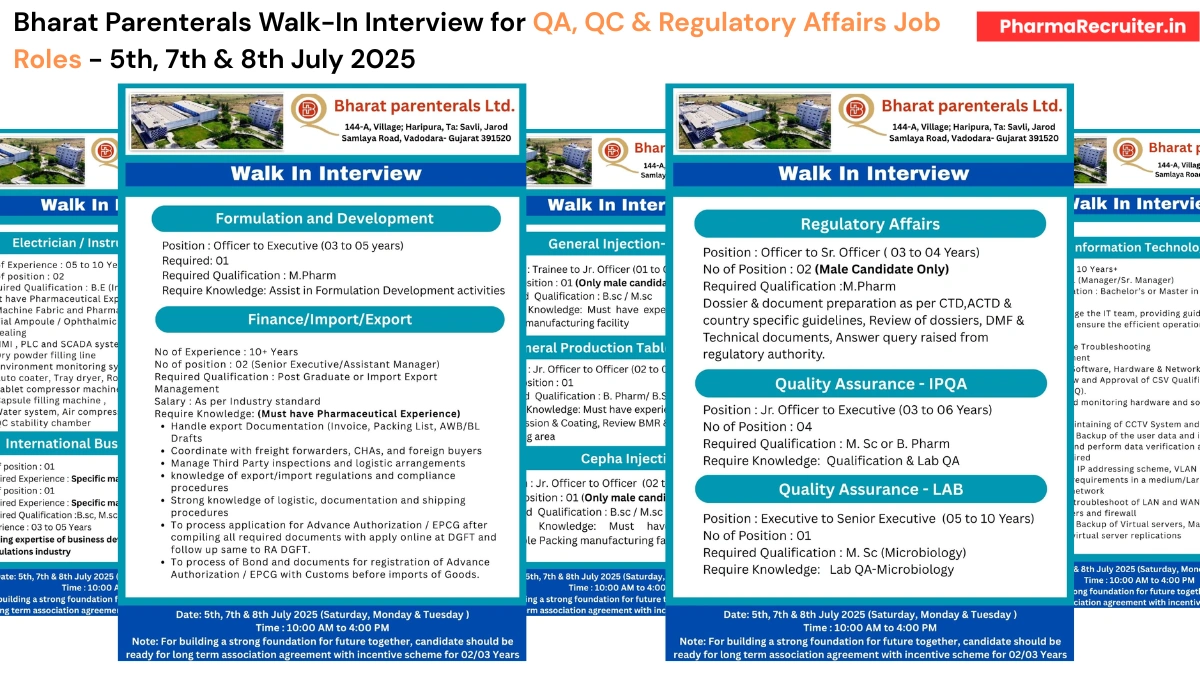 Bharat Parenterals Walk-In Interview for QA, QC & Regulatory Affairs Job Roles - 5th, 7th & 8th July 2025