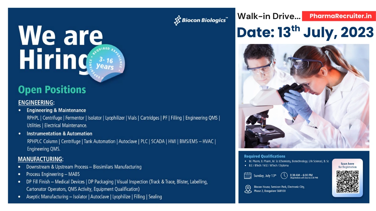 Biocon Biologics Walk-In Interview for Engineering and Manufacturing Roles (Biosimilars)
