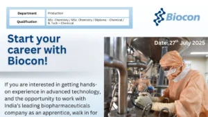 Biocon Walk-In Interview for Apprentices on 27th July 2025