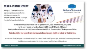 Biological E. Limited Walk-In Interview for Injectables Business on 3rd August