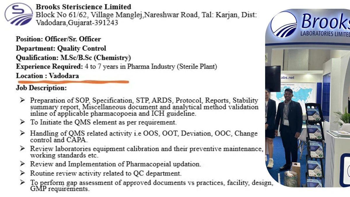 Brooks Steriscience Limited Hiring for Quality Control in Vadodara, Gujarat