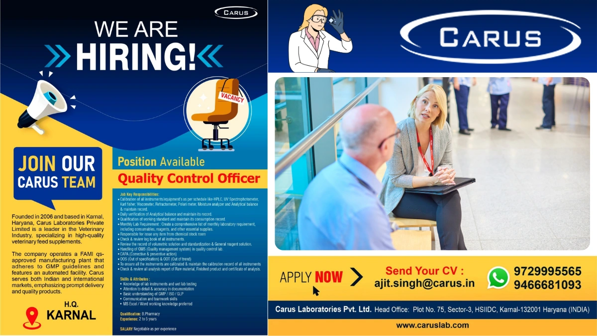 Carus Laboratories Hiring for Quality Control Officer Job