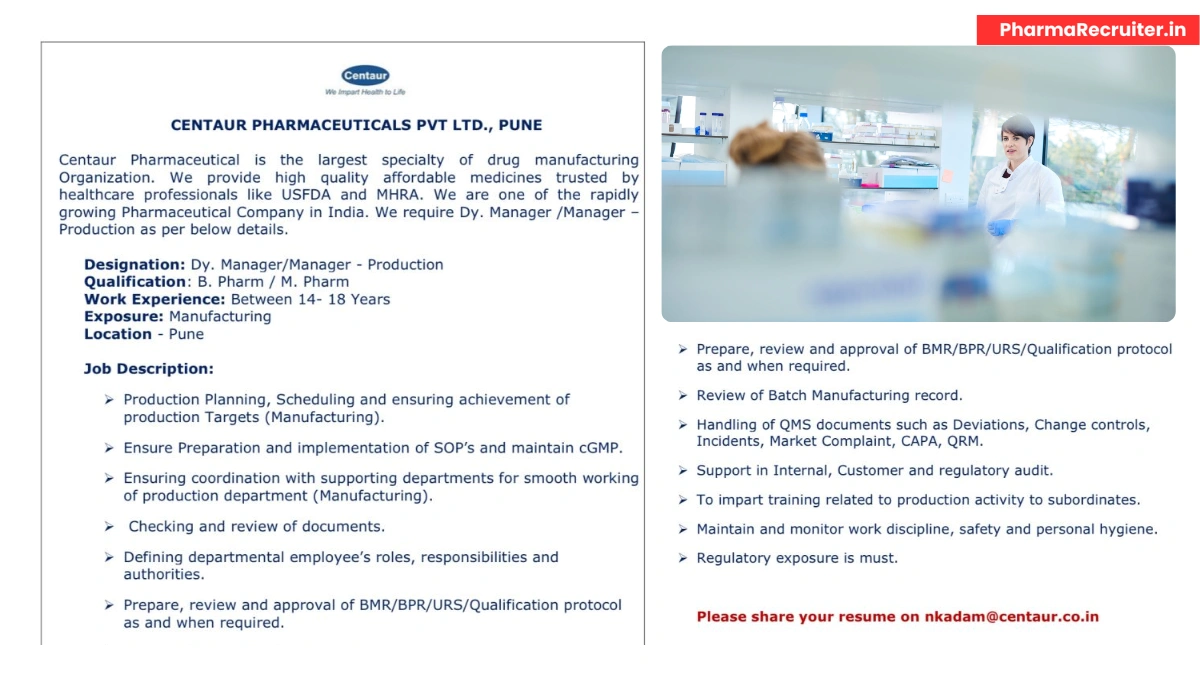 Centaur Pharmaceuticals is Hiring for Dy. Manager & Manager Production
