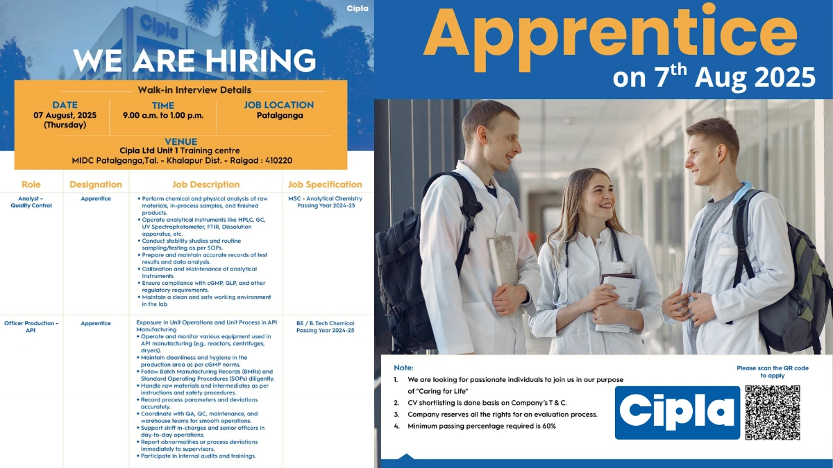 Cipla Apprentice - Walk in Interview for Freshers on 7th August