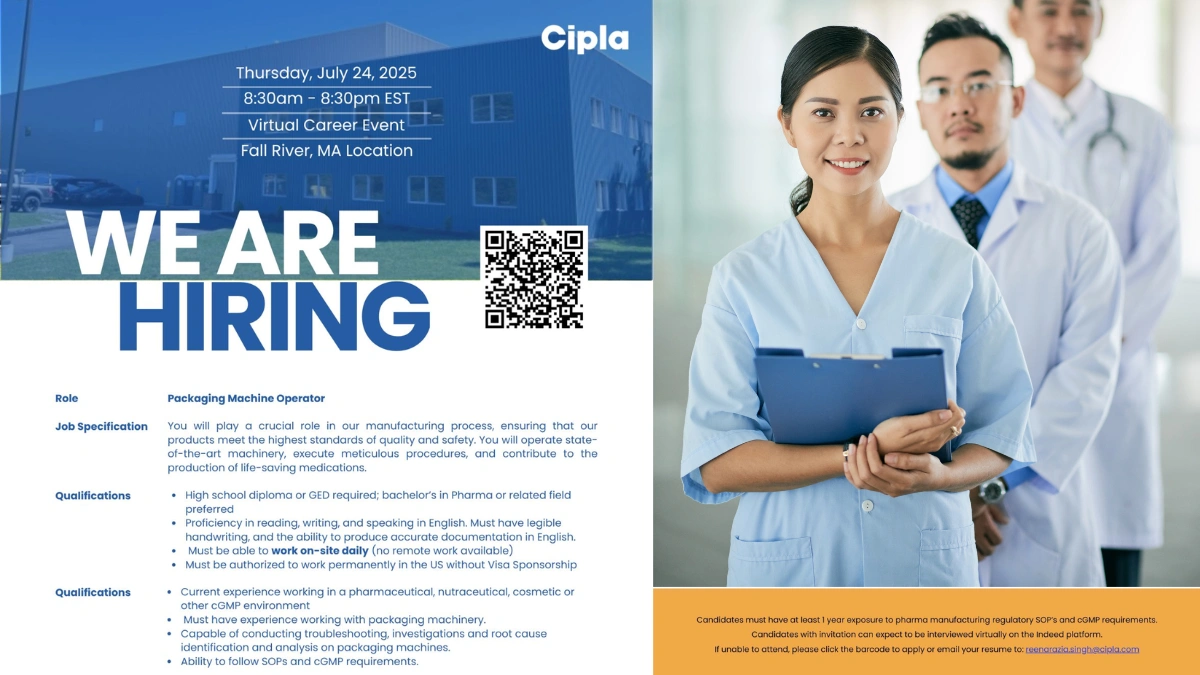 Cipla - Virtual Career Event for Fall River, MA on 24th July 2025