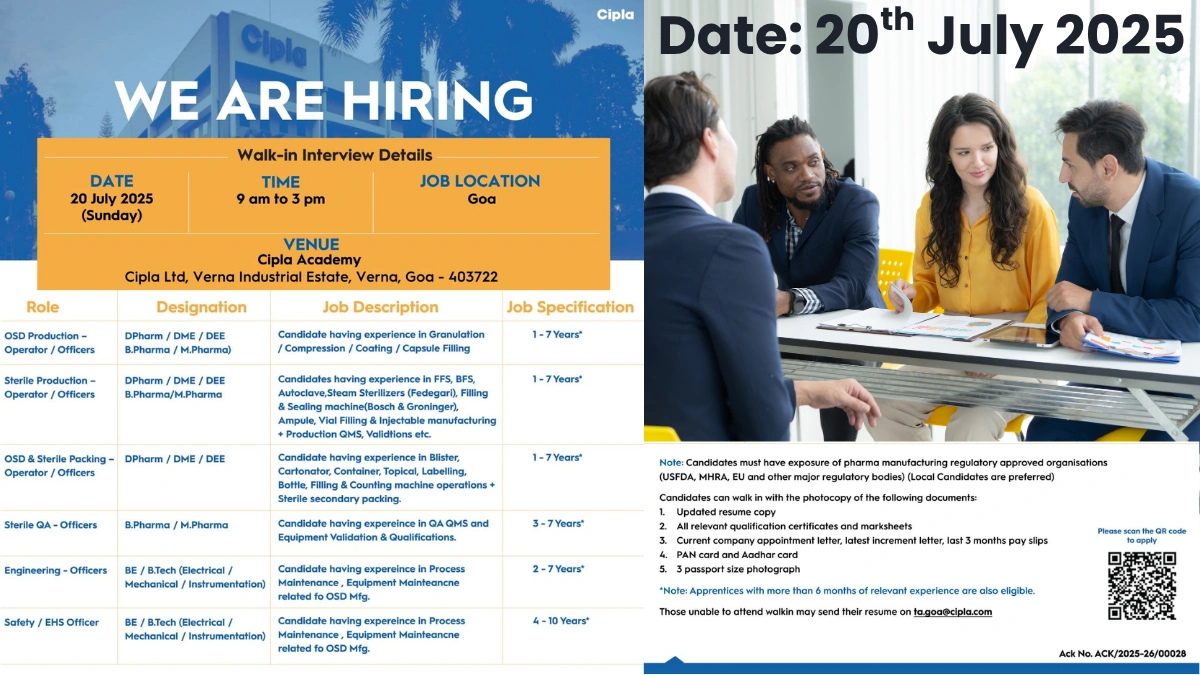Cipla Walk-In Interview for Production, QA, QC, Engineer and EHS Job Roles on 20th July 2025