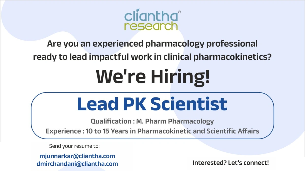 Cliantha Research - Urgent Hiring for Lead PK Scientist (Pharmacology)
