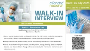 Cliantha Research Walk-In Interview in Ahmedabad - 26th July 2025