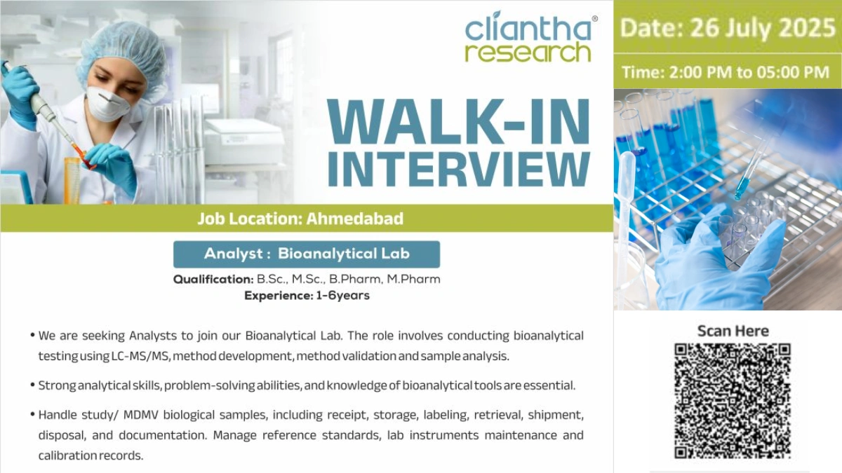 Cliantha Research Walk-In Interview in Ahmedabad - 26th July 2025