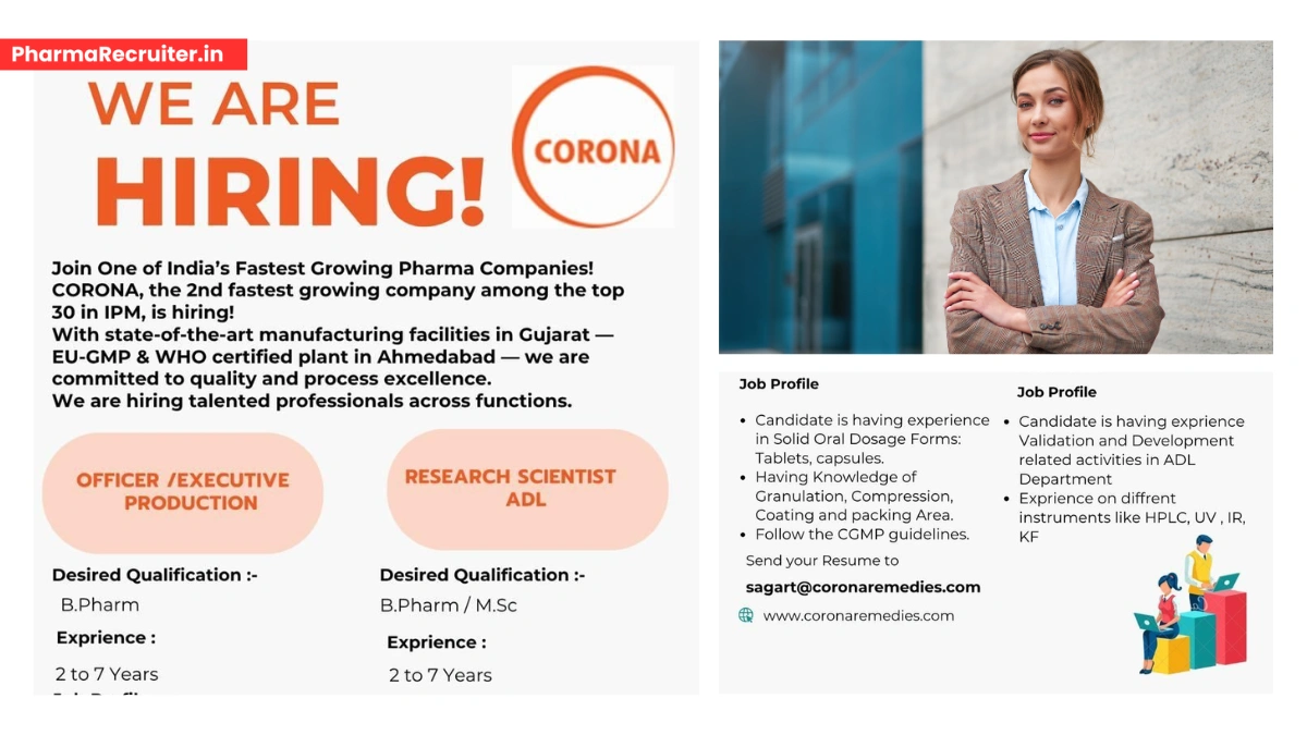 Corona Remedies is Hiring for Research Scientist - ADl & Production