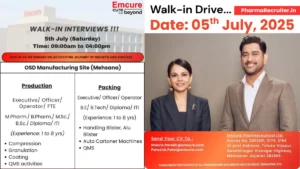 Emcure Pharmaceuticals Walk-In Drive for OSD Manufacturing in Mehsana – 5th July 2025