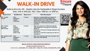 Emcure Pharmaceuticals Walk-In Drive for QA & QC - API on 25th-26th July