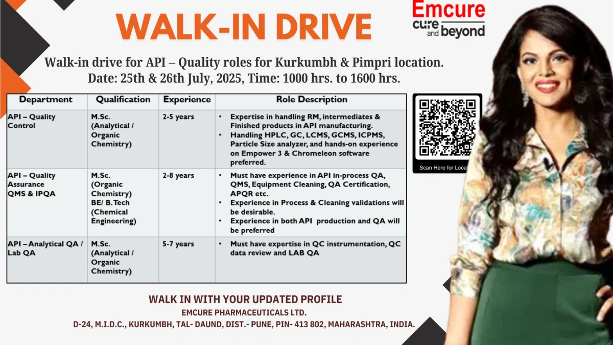 Emcure Pharmaceuticals Walk-In Drive for QA & QC - API on 25th-26th July