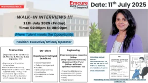 Emcure Pharmaceuticals Walk-In Interview for Multiple Roles on 11th July