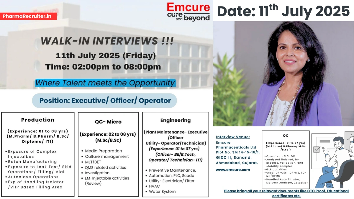 Emcure Pharmaceuticals Walk-In Interview for Multiple Roles on 11th July