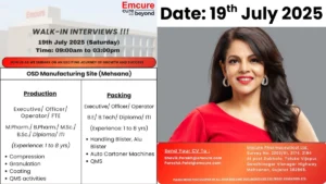 Emcure Pharmaceuticals Walk-in Interview – Production & Packing Roles at OSD Manufacturing Site on 19th July