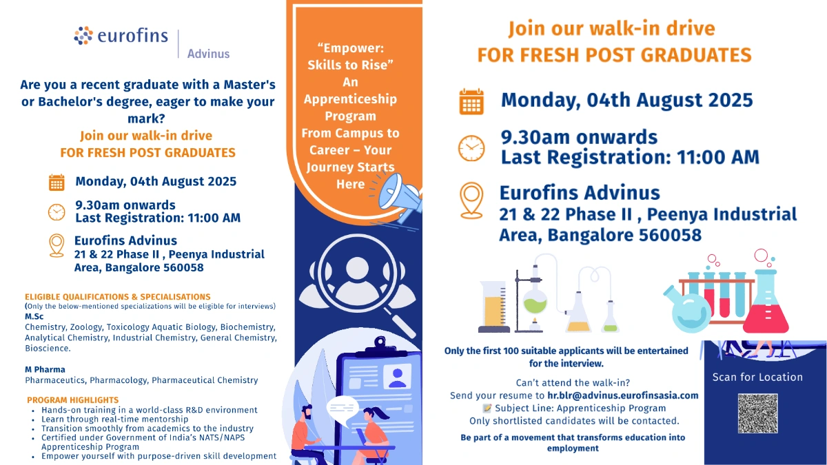 Eurofins Advinus Walk-In Drive for Fresh Post-Graduates on 4th August
