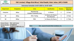 FDC Limited Walk-In Interview for Production, QA & QC Job Roles – 14th-19th July 2025