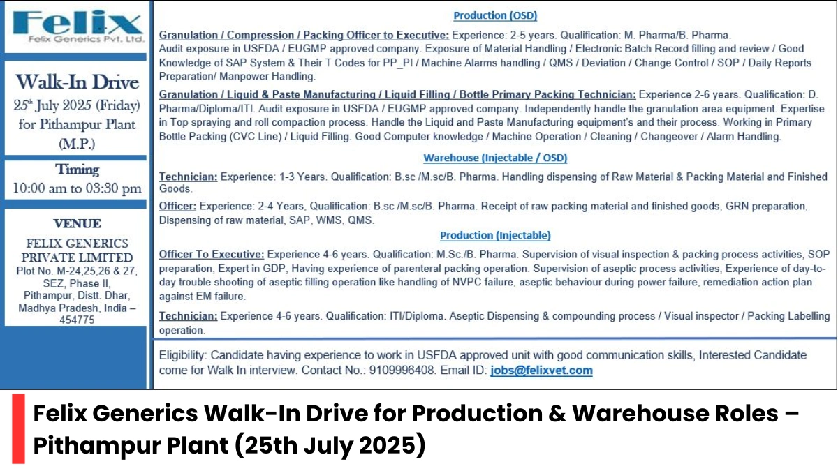 Felix Generics Walk-In Drive for Production & Warehouse Roles – Pithampur Plant (25th July 2025)