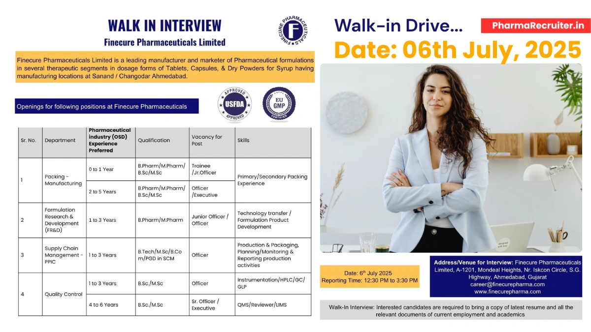 Finecure Pharmaceuticals Walk-In Interview for Freshers– Openings in Production, R&D, QC, and Supply Chain (6th July 2025)