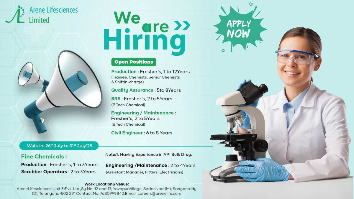 Freshers Jobs @ Arene Lifesciences Limited Walk-in Interview for Production, QC Engineering & Maintenance on 26th to 31st July