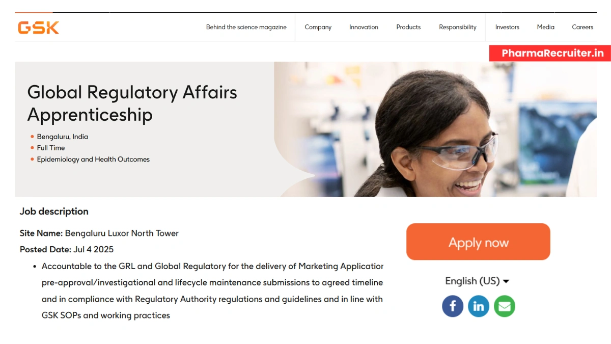 GSK is Hiring for Global Regulatory Affairs Apprenticeship in Bengaluru