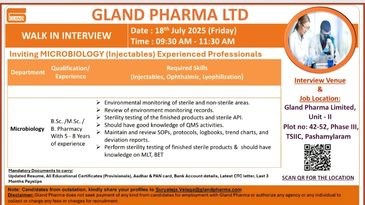 Gland Pharma Ltd Walk-In Interview in Hyderabad on July 18, 2025