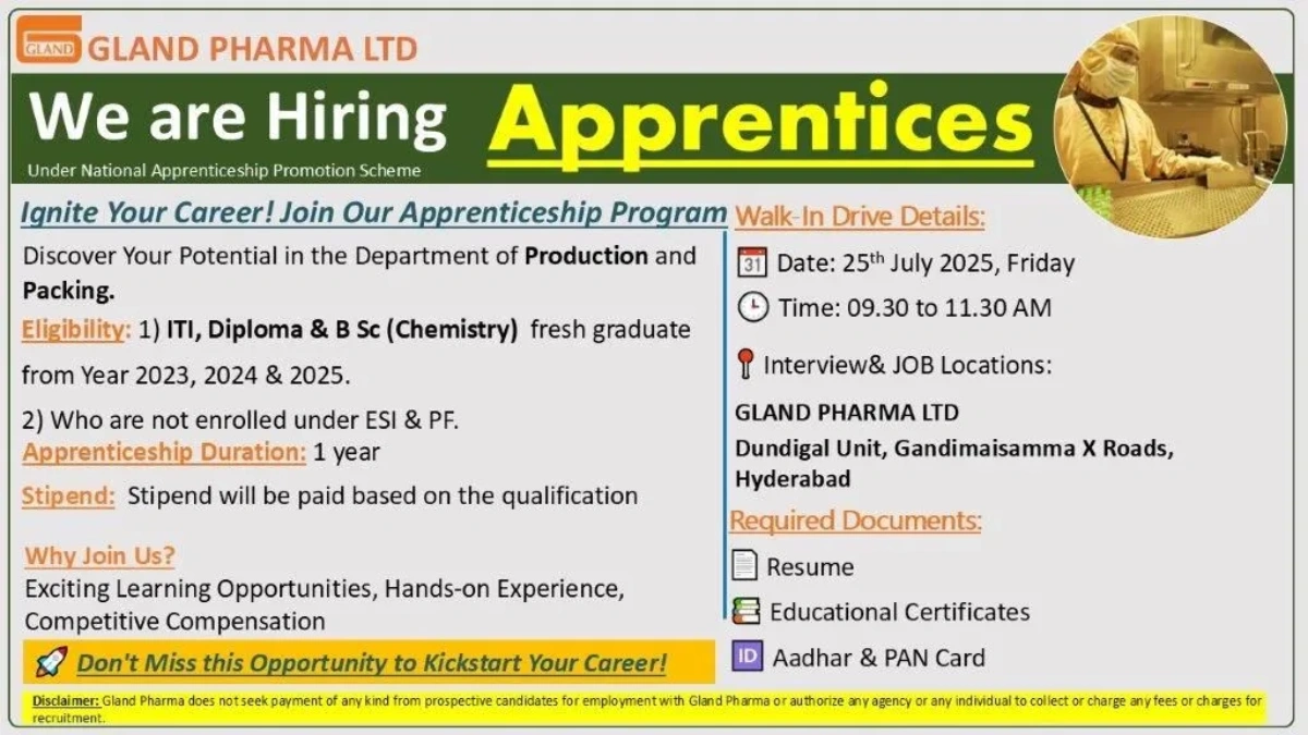 Gland Pharma Walk-In Drive for Apprentices in Hyderabad