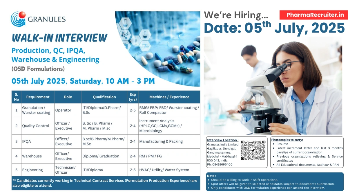 Granules India Limited Walk-In Interview for Production, QC, IPQA, Warehouse, and Engineering Roles (OSD Formulations) – July 5, 2025