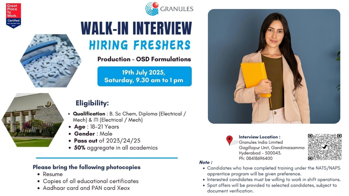 Granules India Walk-in Interview for Freshers – Production OSD Jobs