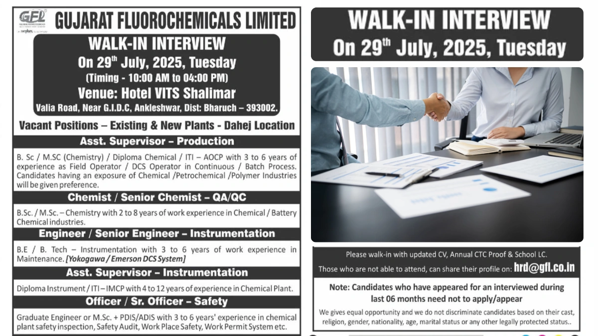 Gujarat Fluorochemicals Limited Walk-In Interviews for Multiple Roles on 29th July