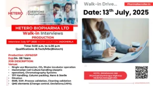 Hetero Biopharma Ltd Walk in Interview for Production Roles on 13th July