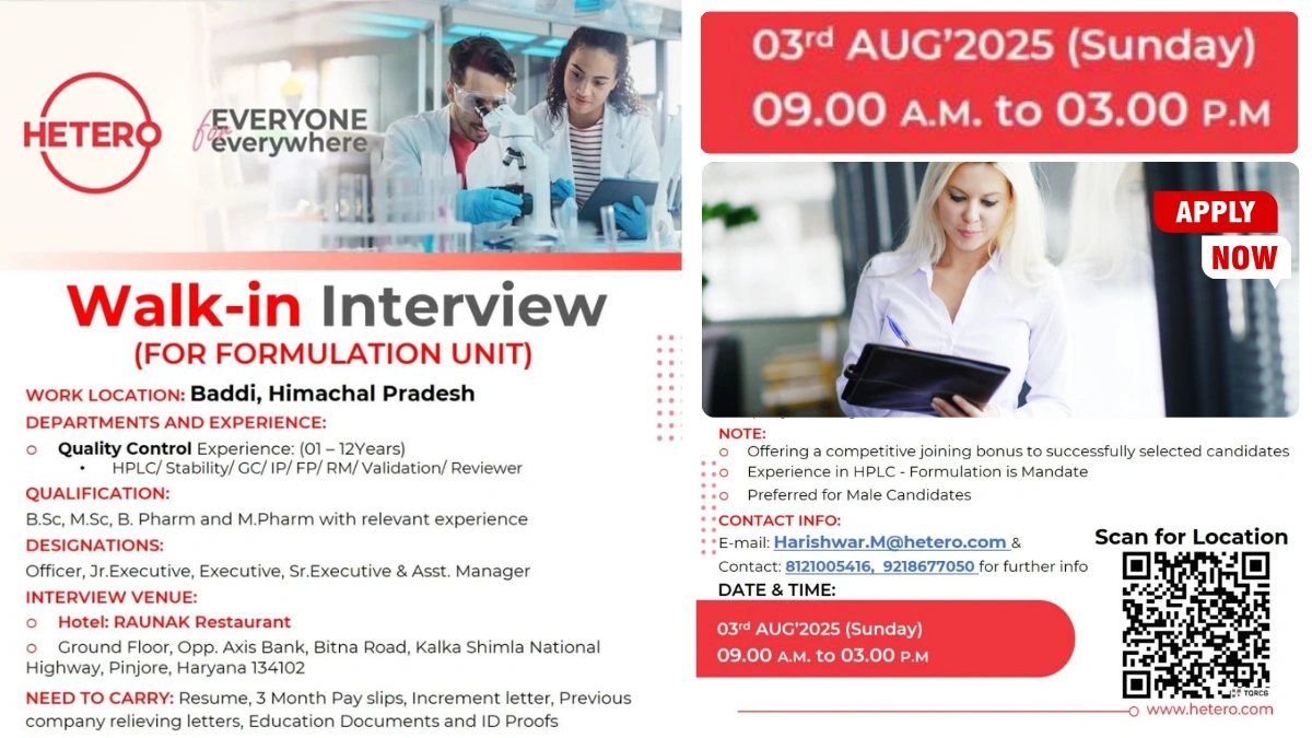 Hetero Walk-In Interview for Quality Control Roles on 3rd August