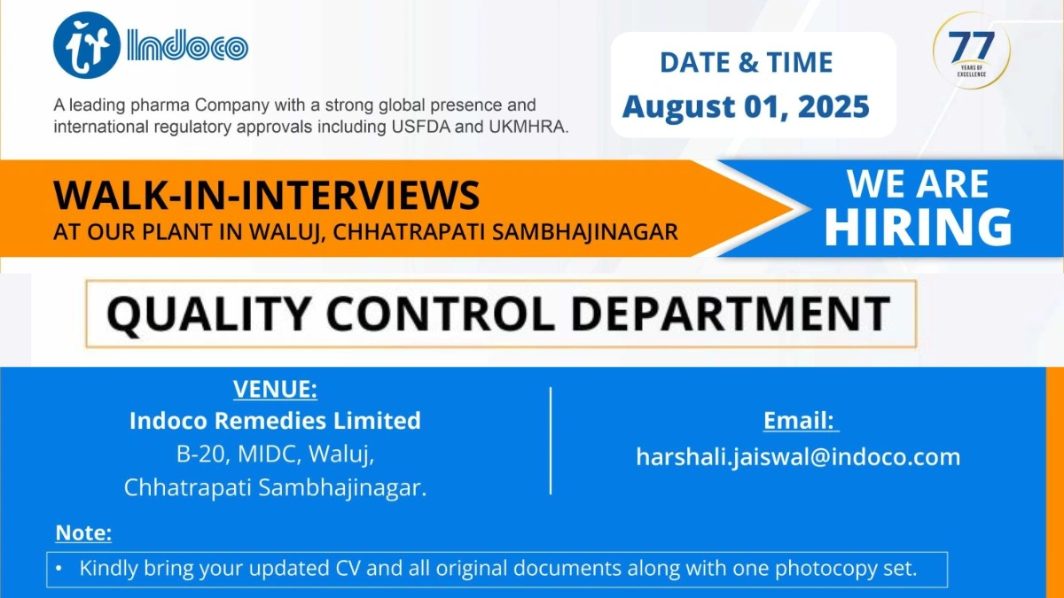 Indoco Remedies Walk-In Interview for Quality Control Roles on 1st August