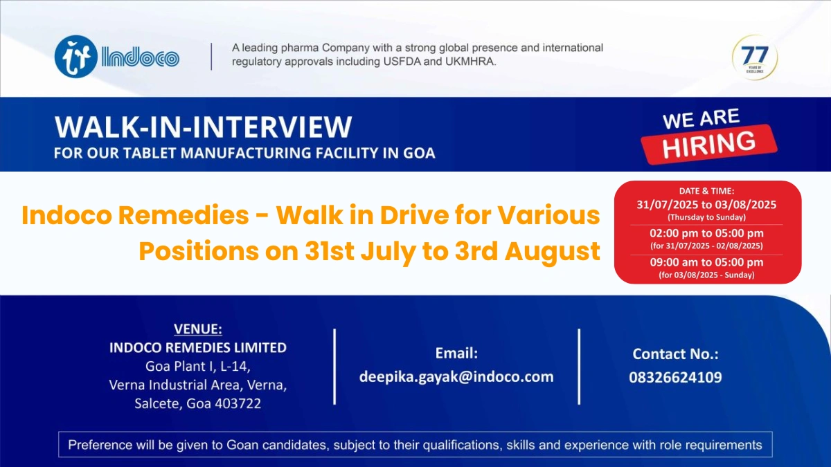 Indoco Remedies - Walk in Drive for Various Positions on 31st July to 3rd August