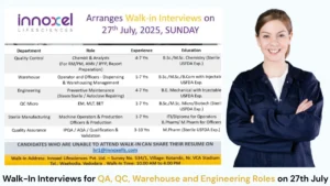 Innoxel Lifesciences Walk-In Interviews for QA, QC, Warehouse and Engineering Job Roles on 27th July