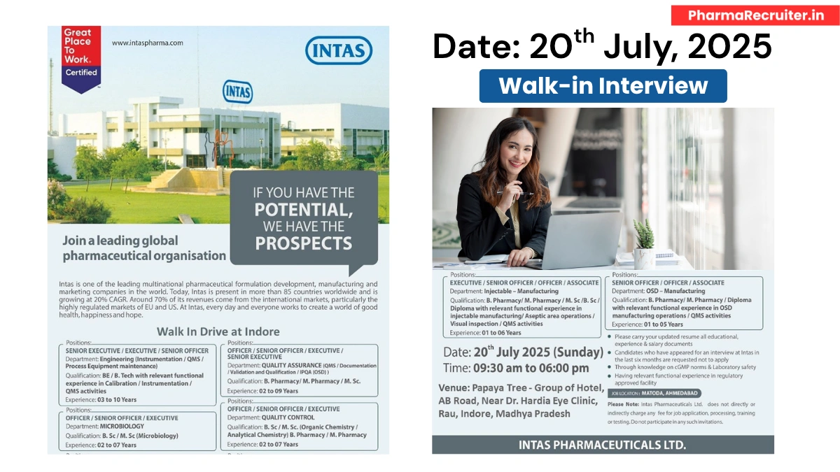 Intas Pharmaceuticals Walk-In Drive for Engineering, Injectable Manufacturing, QA, QC and Microbiology Job Roles