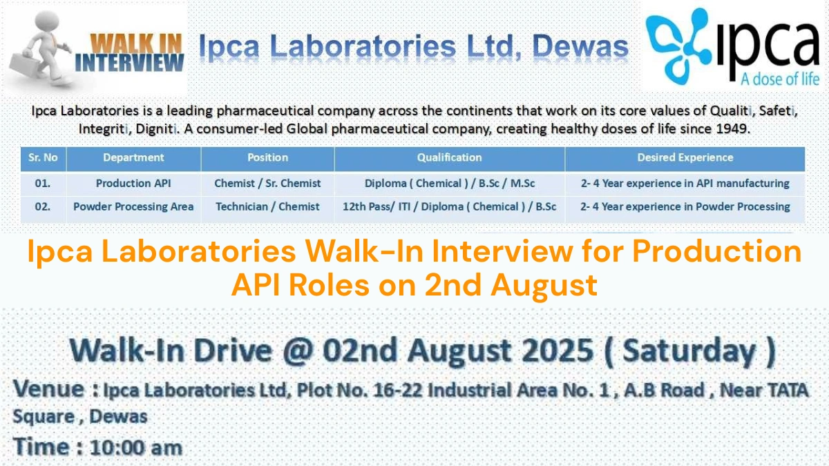Ipca Laboratories Walk-In Interview for Production API Roles