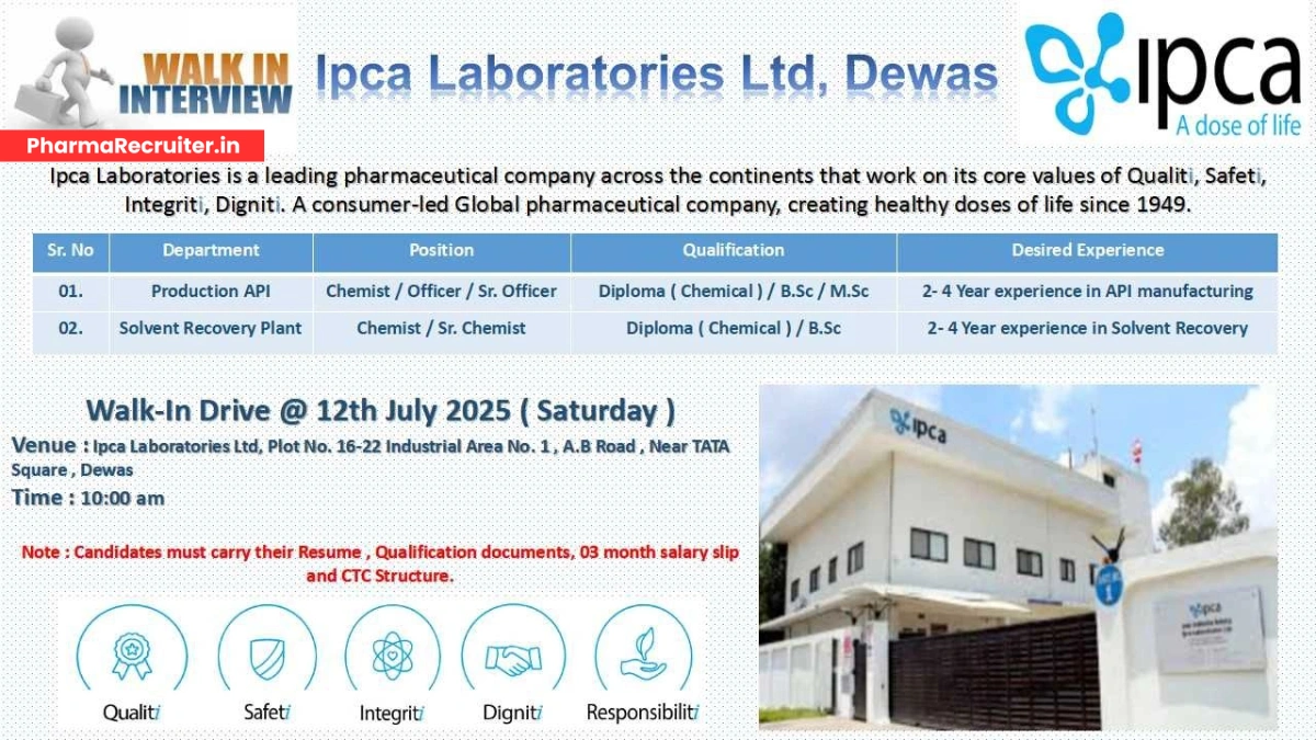 Ipca Laboratories Walk-In Interview for Production API & Solvent Recovery Plant Roles on 12th July