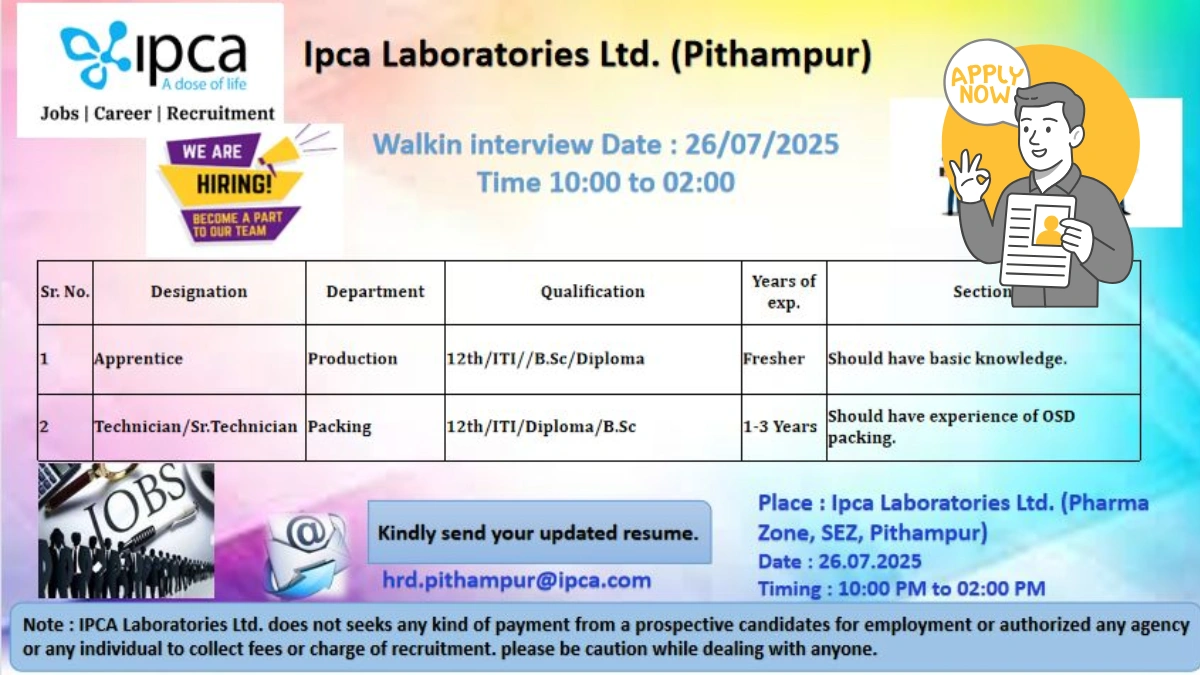 Ipca Laboratories Walk in Interview for Apprentice (Pithampur)